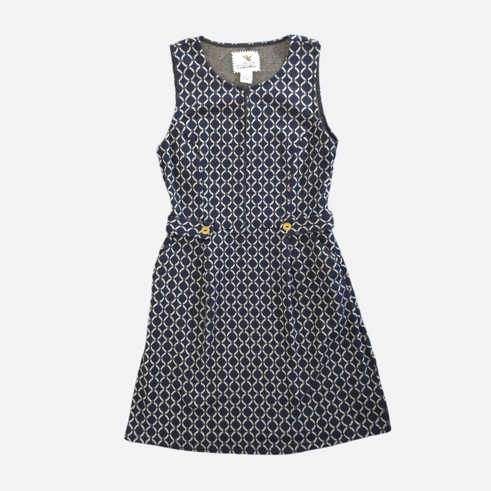 Anthropologie Tabitha Geometric Dress 8 Navy Blue Retro 60s Preppy Sleeveless
